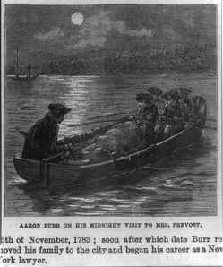 This is a wooden engraving of Aaron Burr taking a boat ride to see Mrs. Theodosia Prevost, as stated in the caption above. 